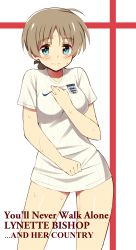 Rule 34 | 1girl, 2014 fifa world cup, absurdres, ahoge, blue eyes, blush, braid, breasts, brown hair, embarrassed, england, english text, glastonbury1966, hair ribbon, highres, long hair, looking at viewer, lynette bishop, medium breasts, nike (company), no pants, ribbon, soccer, soccer uniform, solo, sportswear, strike witches, sweat, sweatdrop, world cup, world witches series