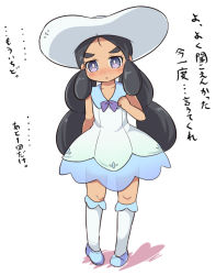 Rule 34 | 1girl, bare arms, bare shoulders, black hair, blue footwear, blush, bow, collarbone, collared dress, cosplay, creatures (company), dress, full body, game freak, hapu (pokemon), hat, island kahuna, kneehighs, lillie (pokemon), lillie (pokemon) (cosplay), long hair, low twintails, nekono rin, nintendo, parted bangs, pigeon-toed, pokemon, pokemon sm, purple bow, purple eyes, shoes, simple background, sleeveless, sleeveless dress, socks, solo, standing, thick eyebrows, translated, twintails, very long hair, white background, white dress, white hat, white socks