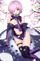 Rule 34 | 1girl, arm at side, arm support, bare shoulders, black leotard, black thighhighs, blush, breasts, cherry blossoms, cleavage, cleavage cutout, closed mouth, clothing cutout, collar, collarbone, cowboy shot, elbow gloves, eyelashes, fate/grand order, fate (series), finger to mouth, gloves, groin, hair over one eye, highres, index finger raised, kyoukai33, large breasts, lavender flower, leaf, leotard, looking at viewer, mash kyrielight, navel, navel cutout, petals, pink hair, purple eyes, purple gloves, shield, shiny skin, shoes, short hair, shushing, simple background, sitting, skindentation, smile, solo, tareme, thigh strap, thighhighs, white background