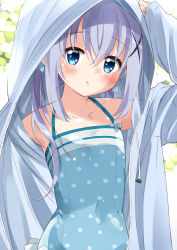 Rule 34 | 1girl, absurdres, arm up, blue eyes, blue jacket, blue one-piece swimsuit, blush, casual one-piece swimsuit, collarbone, commentary request, covered navel, drawstring, fingernails, gochuumon wa usagi desu ka?, hair between eyes, hair ornament, head tilt, highres, hood, hood up, hooded jacket, jacket, kafuu chino, long sleeves, looking at viewer, mousou (mousou temporary), one-piece swimsuit, open clothes, open jacket, parted lips, polka dot, polka dot swimsuit, purple hair, sleeves past wrists, solo, swimsuit, x hair ornament