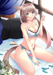 Rule 34 | 1girl, animal ears, warrior of light (ff14), bare shoulders, blue eyes, blue nails, bra, breasts, cake, candy, cat ears, cat girl, cat tail, cleavage, closed mouth, collarbone, final fantasy, final fantasy xiv, food, fork, grey hair, highres, holding, holding fork, long hair, medium breasts, miqo&#039;te, multicolored nails, nail polish, nanase kokono, panties, plate, sitting, smile, solo, square enix, tail, tongue, tongue out, underwear, very long hair, white bra, yellow nails