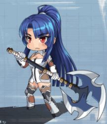 Rule 34 | 1girl, animated, animated gif, axe, battle axe, blue hair, blush, bodysuit, boots, bouncing breasts, breasts, chibi, dress, hime cut, holding, holding weapon, lilith-soft, long hair, lowres, ponytail, red eyes, short dress, solo, taimanin (series), taimanin asagi, taimanin rpgx, weapon, yatsu murasaki