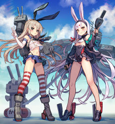 Rule 34 | 1girl, 2girls, absurdres, animal ears, azur lane, bare legs, bare shoulders, black jacket, black panties, blonde hair, blue sky, blunt bangs, boots, breasts, brown eyes, crop top, crossover, elbow gloves, gloves, gun, hair ornament, hairband, highleg, highleg panties, highres, historical name connection, holding, holding gun, holding weapon, jacket, kaito (k4itoh), kantai collection, lifebuoy, long hair, looking at viewer, miniskirt, multiple girls, name connection, navel, neckerchief, outdoors, panties, rabbit ears, rensouhou-chan, sailor collar, school uniform, serafuku, shimakaze (azur lane), shimakaze (kancolle), shirt, skirt, sky, small breasts, standing, striped clothes, striped thighhighs, swim ring, thighhighs, underwear, v, very long hair, weapon, white gloves, white hair, white shirt, yellow eyes
