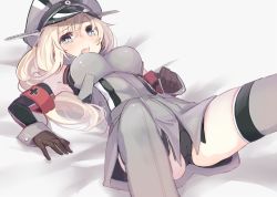 Rule 34 | 10s, 1girl, bismarck (kancolle), black panties, blonde hair, blue eyes, blush, breasts, brown gloves, detached sleeves, gloves, grey thighhighs, hat, kantai collection, kojiki-life, large breasts, long hair, looking at viewer, military, military hat, military uniform, open mouth, panties, peaked cap, personification, solo, thighhighs, underwear, uniform