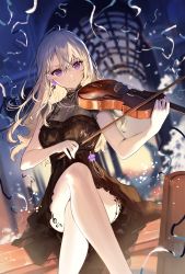 Rule 34 | 1girl, black dress, bow (music), breasts, closed mouth, crossed legs, dress, earrings, flower earrings, highres, holding, holding instrument, holding violin, instrument, jewelry, long hair, looking at viewer, medium breasts, music, necklace, necomi, original, playing instrument, purple eyes, ribbon, short dress, sitting, sleeveless, sleeveless dress, smile, solo, violin, white hair