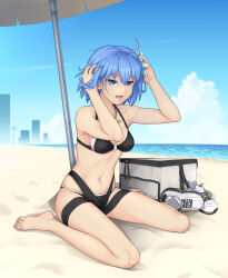 1girl absurdres barefoot beach bikini black_bikini blue_eyes blue_hair blue_sky breasts c.i.e.l_(fate) c.i.e.l_(first_ascension)_(fate) ciel_(tsukihime) cross cross_necklace day dress_swimsuit fate/grand_order fate_(series) flower hair_flower hair_ornament highres jewelry looking_at_viewer navel necklace ocean outdoors shoes short_hair sitting sky small_breasts solo swimsuit unworn_shoes wariza white_sneakers yossyzero