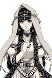 Rule 34 | 1girl, bridal gauntlets, closed mouth, detached sleeves, dress, gensou suikoden, greyscale, highres, jewelry, long hair, looking at viewer, monochrome, necklace, sakai (motomei), simple background, solo, viki (suikoden), white background