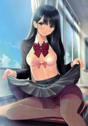 Rule 34 | 1girl, absurdres, black hair, blue eyes, blush, bra, clothes lift, day, desk, highres, lace, lace-trimmed bra, lace trim, lifting own clothes, long hair, looking at viewer, open clothes, original, panties, pantyhose, pink bra, pink panties, ribbon-trimmed bra, ribbon-trimmed panties, scan, school desk, school uniform, shiny skin, skirt, skirt lift, solo, tongue, tongue out, tony taka, underwear
