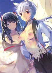 Rule 34 | 2girls, absurdres, animal ears, black hair, black skirt, breasts, choker, cleavage, collarbone, day, dog ears, dutch angle, fangs, grey hair, groin, hair ribbon, highres, light smile, long hair, looking at viewer, medium breasts, mole, mole under eye, multiple girls, navel, nipples, no bra, open clothes, open mouth, open shirt, open skirt, original, outdoors, pleated skirt, ponytail, purple eyes, red eyes, red ribbon, ribbon, see-through silhouette, shirt, skirt, sparkle, taira tsukune, topless, toranoana, twintails, underwear, undressing, wet, wet clothes, wet shirt, white shirt