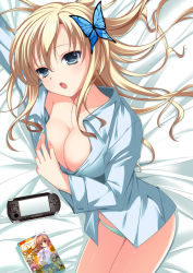 Rule 34 | 10s, 1girl, :o, aqua eyes, bad id, bad pixiv id, blonde hair, boku wa tomodachi ga sukunai, breasts, butterfly hair ornament, cariboy, cleavage, hair ornament, handheld game console, kashiwazaki sena, large breasts, long hair, lying, manga (object), on bed, on side, open clothes, open mouth, open shirt, panties, playstation portable, shirt, solo, underwear