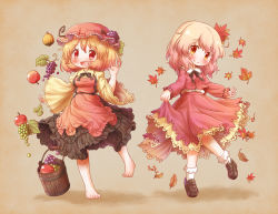 Rule 34 | 2girls, aki minoriko, aki shizuha, apple, apron, arinu, autumn leaves, bare legs, barefoot, black skirt, blonde hair, brown background, brown footwear, bucket, clothes lift, commentary request, food, fruit, grapes, hat, highres, leaf, leaf on head, lifting own clothes, long sleeves, looking at viewer, mob cap, multiple girls, red eyes, red hat, red skirt, ribbon-trimmed sleeves, ribbon trim, shoes, siblings, sisters, skirt, skirt lift, skirt set, smile, socks, touhou, white legwear, wide sleeves