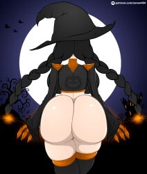 Rule 34 | 1girl, ass, black hair, breasts, claws, curvy, hat, highres, huge ass, huge breasts, large breasts, long hair, original, solo, thick thighs, thighhighs, thighs, thong, tight clothes, wide hips, witch, witch hat, zonen404