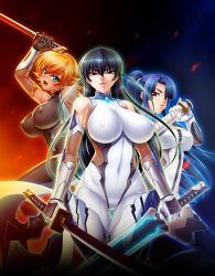 Rule 34 | 00s, 3girls, :d, aqua eyes, arm up, armor, aura, axe, back-to-back, bare shoulders, black hair, black legwear, blonde hair, blue eyes, blue hair, bodysuit, breasts, cleavage, cleavage cutout, clothing cutout, collarbone, covered erect nipples, cowboy shot, dress, dual wielding, elbow gloves, fishnets, flipped hair, from side, gem, gloves, glowing, greaves, hair between eyes, hair tie, halterneck, happy, high ponytail, highres, holding, holding sword, holding weapon, huge breasts, huge weapon, igawa asagi, igawa sakura, impossible clothes, kagami hirotaka, katana, large breasts, leotard, lilith-soft, lipstick, long hair, looking at viewer, makeup, multiple girls, naughty face, neon trim, ninja, official art, open mouth, orange hair, parted lips, pink lips, ponytail, red eyes, serious, short dress, short hair, siblings, sidelocks, sisters, skin tight, smile, standing, sword, taimanin (series), taimanin asagi, taimanin asagi kessen arena, tan, taut clothes, thigh gap, thighhighs, turtleneck, two side up, unitard, vambraces, very long hair, weapon, yatsu murasaki, zettai ryouiki