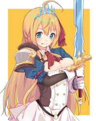 Rule 34 | 1girl, ahoge, armor, ascot, blue eyes, breasts, cleavage, closed mouth, commentary request, gloves, hair between eyes, hair ribbon, highres, holding, holding sword, holding weapon, itachi kanade, long hair, medium breasts, orange hair, pauldrons, pecorine (princess connect!), princess connect!, puffy short sleeves, puffy sleeves, red ascot, red ribbon, ribbon, short sleeves, shoulder armor, shrug (clothing), single pauldron, solo, sword, tiara, tongue, tongue out, two-handed, two-tone background, very long hair, weapon, white background, white gloves, yellow background
