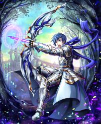 Rule 34 | 1boy, absurdres, armor, arrow (projectile), blue eyes, blue hair, blue scarf, bow (weapon), commentary, drawing bow, fantasy, from side, highres, holding, holding bow (weapon), holding weapon, huge filesize, kaito (vocaloid), knight, magic, magic circle, male focus, open mouth, petals, scarf, solo, takaha a z, tree, vocaloid, weapon
