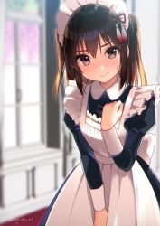 Rule 34 | 1girl, alternate costume, apron, blush, brown eyes, brown hair, closed mouth, enmaided, hair between eyes, hair ornament, indoors, kantai collection, koruri, long hair, long sleeves, looking at viewer, maid, maid apron, maid headdress, sendai (kancolle), solo, sweat, twitter username, two side up, window