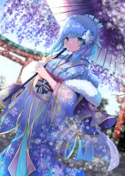 Rule 34 | 1girl, absurdres, blue eyes, blue hair, blue kimono, blush, closed mouth, commentary request, floral print, flower, highres, holding, holding umbrella, japanese clothes, kimono, long sleeves, looking at viewer, oil-paper umbrella, original, pointy ears, print kimono, purple flower, purple umbrella, shibakame, sidelocks, smile, solo, torii, umbrella, wide sleeves, wisteria