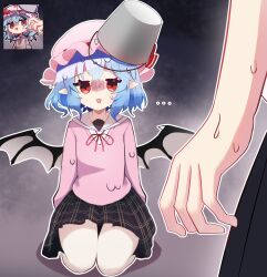 Rule 34 | ..., 1girl, 1other, absurdres, bat wings, blue hair, bucket, bucket on head, hat, highres, kneeling, looking at another, mob cap, object on head, pink hat, pink shirt, pointy ears, red eyes, remilia scarlet, shirt, sweat, thighhighs, touho 0505, touhou, white thighhighs, wings