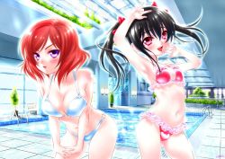 Rule 34 | 10s, 2girls, bikini, black hair, blush, breasts, cleavage, highres, indoor pool, indoors, kurimuzon, leaning forward, looking at viewer, love live!, love live! school idol project, multiple girls, navel, nishikino maki, open mouth, pool, purple eyes, red eyes, red hair, short hair, small breasts, smile, standing, swimsuit, twintails, yazawa nico