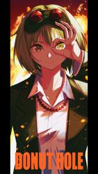 1girl bead_necklace beads blazer closed_mouth collared_shirt copyright_name donut_hole_(vocaloid) embers fire goggles goggles_on_head green_eyes green_hair green_jacket gumi highres jacket jewelry necklace ok_sign ok_sign_over_eye pillarboxed red-tinted_eyewear shirt short_hair solo tinted_eyewear vocaloid white_shirt yuzuha_wasa