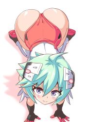 Rule 34 | 1girl, ahoge, all fours, ass, azure striker gunvolt, azure striker gunvolt 2, bare shoulders, blue eyes, blush, cougar (cougar1404), green hair, headgear, huge ass, leotard, looking at viewer, roro (gunvolt), shiny clothes, shiny skin, short hair, simple background, smile, solo, thighhighs, wedgie, white background