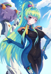 Rule 34 | 1girl, breasts, cameltoe, commission, contrail, finger gun, green hair, hair between eyes, hand on own hip, highres, korean commentary, long hair, mecha, medium breasts, mia lilienthal, one eye closed, pilot suit, pointing, ponytail, purple eyes, restol machine 4, restol special rescue squad, robot, rodway, skin tight, smile, solo, very long hair