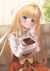 Rule 34 | 1girl, blonde hair, blue eyes, blush, bow, breasts, chocolate, couch, eating, fingernails, food, food on face, fujishiro kokoa, highres, indoors, large breasts, long hair, long sleeves, nail polish, original, pleated skirt, red skirt, ribbed sweater, sitting, skirt, solo, sweater, turtleneck, turtleneck sweater, valentine, waist bow, white sweater