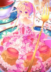 Rule 34 | 1girl, absurdres, bare shoulders, blonde hair, blush, cake dress, crossed bangs, cup, dennryuurai, dress, elbow gloves, flower, food, food-themed clothes, fork, gloves, hair between eyes, highres, holding, holding fork, long hair, looking at viewer, mini person, minigirl, open mouth, original, red eyes, solo, strapless, strapless dress, tea, teacup, tiara, white flower, white gloves