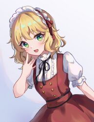 Rule 34 | 1girl, blonde hair, commentary request, dress, green eyes, hand up, highres, idolmaster, idolmaster cinderella girls, idolmaster cinderella girls starlight stage, idolmaster cinderella girls u149, kureko0w0, looking at viewer, open mouth, puffy short sleeves, puffy sleeves, red dress, sakurai momoka, short hair, short sleeves, simple background, smile, solo, upper body, white background