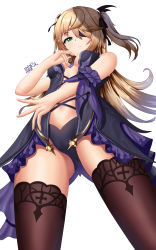 Rule 34 | 1girl, absurdres, artist name, black thighhighs, blonde hair, bow, breasts, commentary request, cowboy shot, eyepatch, fischl (genshin impact), garter straps, genshin impact, green eyes, hair bow, hair ornament, highres, long hair, looking at viewer, milira, showgirl skirt, signature, small breasts, solo, stomach, thighhighs, thighs, two side up, white background