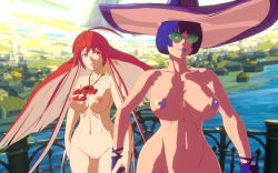Rule 34 | 2girls, 3d, alternate color, breasts, carbonfibersfm, gloves, guilty gear, guilty gear strive, hat, highres, holding hands, i-no, jack-o&#039; valentine, multicolored hair, multiple girls, nipples, nude, outdoors, red eyes, red hair, sunglasses, white hair