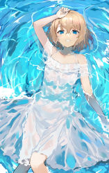 Rule 34 | 1girl, absurdres, arm up, blue eyes, commentary, crossed bangs, dress, feet out of frame, frilled dress, frills, from above, hair between eyes, halterneck, hand on own head, highres, light brown hair, off-shoulder dress, off shoulder, original, parted lips, partially submerged, ryou (ponpgo), short hair, short sleeves, smile, solo, teeth, water, wet, wet clothes, wet dress, white dress