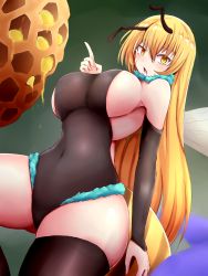 Rule 34 | 1girl, animal ears, antlers, arthropod girl, bee girl, beehive, black bodysuit, black gloves, black legwear, blonde hair, blush, bodysuit, breasts, chestnut mouth, commentary, covered navel, elbow gloves, fur trim, gloves, highres, horns, insect girl, large breasts, long hair, looking at viewer, monster girl, open mouth, original, raichi (ddq0246), sideboob, simple background, skin tight, skindentation, sleeveless, solo, standing, tail, thighs, wings, yellow eyes