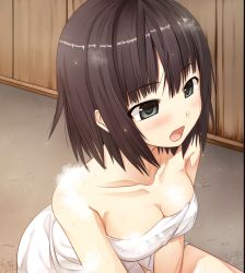 Rule 34 | 1girl, arishima alice, black eyes, black hair, blush, breasts, cleavage, collarbone, cura, eyebrows, flat (company), game cg, highres, indoors, large breasts, legs, looking away, monobeno, nude, open mouth, short hair, sitting, soap bubbles, solo, thighs, towel