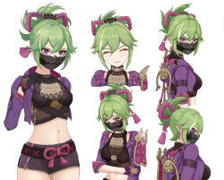 Rule 34 | 1girl, ^ ^, black gloves, black shirt, black shorts, breasts, closed eyes, commentary, cowboy shot, crop top, cropped jacket, genshin impact, gloves, green hair, highres, jacket, junmin, kuki shinobu, long sleeves, looking at viewer, mask, medium breasts, midriff, mouth mask, multiple views, navel, open clothes, open jacket, ponytail, purple eyes, purple jacket, shirt, short hair, short shorts, shorts, sidelocks, simple background, smile, standing, stomach, white background