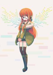 Rule 34 | 10s, 1girl, black thighhighs, boots, cross-laced footwear, glasses, headphones, jacket, lace-up boots, long hair, makaroll, orange hair, persona, persona 5, sakura futaba, smile, solo, thighhighs, thighhighs under boots