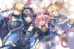 Rule 34 | 1girl, 3boys, ahoge, astolfo (fate), blonde hair, blue eyes, bow, bradamante (fate), cape, charlemagne (fate), coat, durandal (fate), fang, fate/grand order, fate (series), feathers, garter straps, gauntlets, hair bow, highres, holding, holding sword, holding weapon, multiple boys, necktie, pink hair, pink necktie, poppoman, purple eyes, roland (fate), sword, thighhighs, twintails, weapon, white cape, white coat