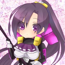 Rule 34 | 1girl, artist request, chibi, female focus, fukushima masanori, kyoukaisenjou no horizon, long hair, mini person, minigirl, polearm, ponytail, purple eyes, purple hair, solo, spear, weapon