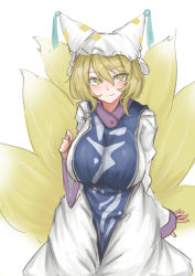 Rule 34 | 1girl, absurdres, animal ears, animal hat, arm support, blonde hair, breasts, dress, fox ears, fox tail, hat, highres, huge breasts, kuraki, large breasts, long sleeves, looking at viewer, mob cap, multiple tails, mob cap, short hair, smile, solo, tabard, tail, touhou, white background, white dress, wide sleeves, yakumo ran, yellow eyes