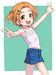Rule 34 | 1girl, absurdres, bare shoulders, blush, camisole, child, commentary request, cowboy shot, denim, denim skirt, double v, flower, hair flower, hair ornament, hairclip, highres, idolmaster, idolmaster cinderella girls, looking at viewer, miyanogi jiji, open mouth, orange hair, outstretched arms, ryuzaki kaoru, short hair, skirt, smile, solo, spread arms, sunflower, sunflower hair ornament, thick eyebrows, two-tone background, v, white camisole, yellow eyes