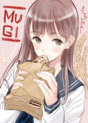 Rule 34 | 1girl, bag, blouse, blue sailor collar, bread, brown bag, brown eyes, brown hair, commentary request, dated, fingernails, fish, food, fujita hidetoshi, holding, holding bag, long hair, long sleeves, looking at viewer, original, paper bag, pink background, sailor collar, school uniform, serafuku, shirt, simple background, sketch, solo, upper body, wheat, white shirt