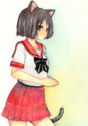 Rule 34 | 1girl, animal ears, black hair, cat ears, cat tail, school uniform, serafuku, solo, tail, usa (artist), usaki (ama)