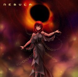 Rule 34 | 1girl, album cover, alternate costume, ancient greek clothes, armlet, armpits, bare arms, bare shoulders, black choker, black dress, black hair, black hole, bracelet, breasts, chain, choker, closed eyes, collarbone, cover, dress, english text, greco-roman clothes, hater (hatater), head tilt, hecatia lapislazuli, highres, jewelry, large breasts, long hair, m87 black hole, multicolored hair, nail polish, nebula, no headwear, off shoulder, outstretched arms, peplos, red hair, red nails, see-through, smile, solo, space, star (sky), touhou