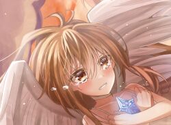 Rule 34 | 1girl, aisaka taiga, angel, angel wings, brown eyes, brown hair, christmas ornaments, close-up, cloud, crying, crying with eyes open, dress, feathers, night, night sky, shoes, sky, sunset, symbolism, tears, thighhighs, toradora!, white dress, wings, yukiart 83