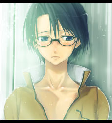 Rule 34 | 00s, 1boy, bishounen, black hair, blue eyes, blush, coat, collarbone, fate/stay night, fate (series), glasses, letterboxed, male focus, open clothes, open coat, ryuudou issei, short hair, solo