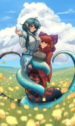 Rule 34 | 2girls, absurdres, blue hair, blue sky, bow, breasts, carrying, center frills, cloak, cloud, coiled, commentary, commission, english commentary, field, flower, flower field, frills, full body, hair bow, highres, hippppodraw, lamia, large breasts, looking at another, monster girl, multiple girls, pointy ears, purple bow, red eyes, red hair, scales, sekibanki, shirt, short hair, sky, tatara kogasa, touhou, white shirt, yellow flower, yuri