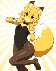 Rule 34 | 1girl, animal ear fluff, animal ears, black bow, black bowtie, black leotard, blonde hair, bow, bowtie, brown pantyhose, commentary request, double v, empty eyes, flat chest, foot out of frame, foot up, fox ears, fox girl, fox tail, furry, furry female, leotard, looking at viewer, medium bangs, no shoes, open mouth, original, pantyhose, shirosato, short hair, solo, standing, standing on one leg, strapless, strapless leotard, tail, v, wrist cuffs