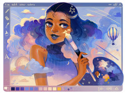 Rule 34 | 1girl, aircraft, artist name, bare arms, bare shoulders, big hair, blue dress, blue eyes, blue hair, blue lips, cloud, commentary, crescent, curly hair, dark-skinned female, dark skin, dress, english commentary, english text, facepaint, geneva bowers, holding, holding paintbrush, holding palette, hot air balloon, long hair, looking at viewer, multicolored hair, nail polish, original, paint, paintbrush, painting (action), palette (object), parted lips, pink hair, solo, star (sky), star (symbol), turtleneck, turtleneck dress, user interface, watermark, white nails