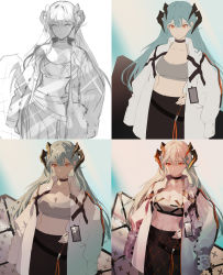 Rule 34 | 1girl, arknights, belt, black choker, black skirt, breasts, choker, cleavage, coat, collarbone, commentary, concept art, cowboy shot, crop top, dragon horns, duplicate, earrings, expressionless, grey hair, grey shirt, hair between eyes, hand on own hip, highres, horns, jacket, jacket on shoulders, jewelry, large breasts, long hair, long skirt, long sleeves, looking at viewer, loose belt, midriff, navel, open clothes, open coat, orange eyes, pixel-perfect duplicate, puffy sleeves, salmon88, saria (arknights), shield, shirt, sketch, skirt, solo, spaghetti strap, sports bra, standing, stomach, white coat, white jacket