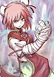 Rule 34 | 1girl, bandages, clenched hand, double bun, highres, ibaraki kasen, open mouth, pink eyes, pink hair, short hair, skirt, solo, takorice, touhou